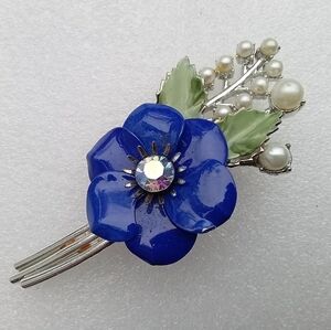 Coro Vintage Blue, Green Enamel Floral Brooch with Foux Pearls & AB Rhinestone
